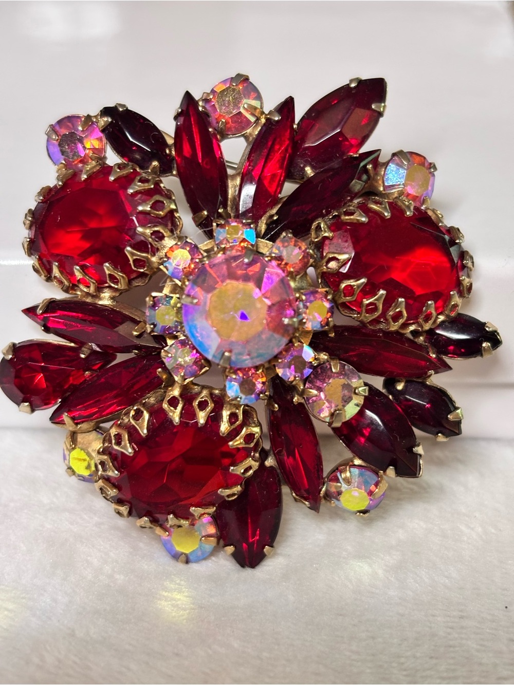 Vintage Mid-Century Ruby Red Cabochon Multi-Tiered Statement Brooch Pin